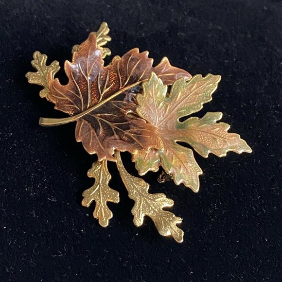 Large Multi Leaf Pin Enamel Brooch Maple Elm Vintage Jewelry 2.5” - Picture 3 of 6